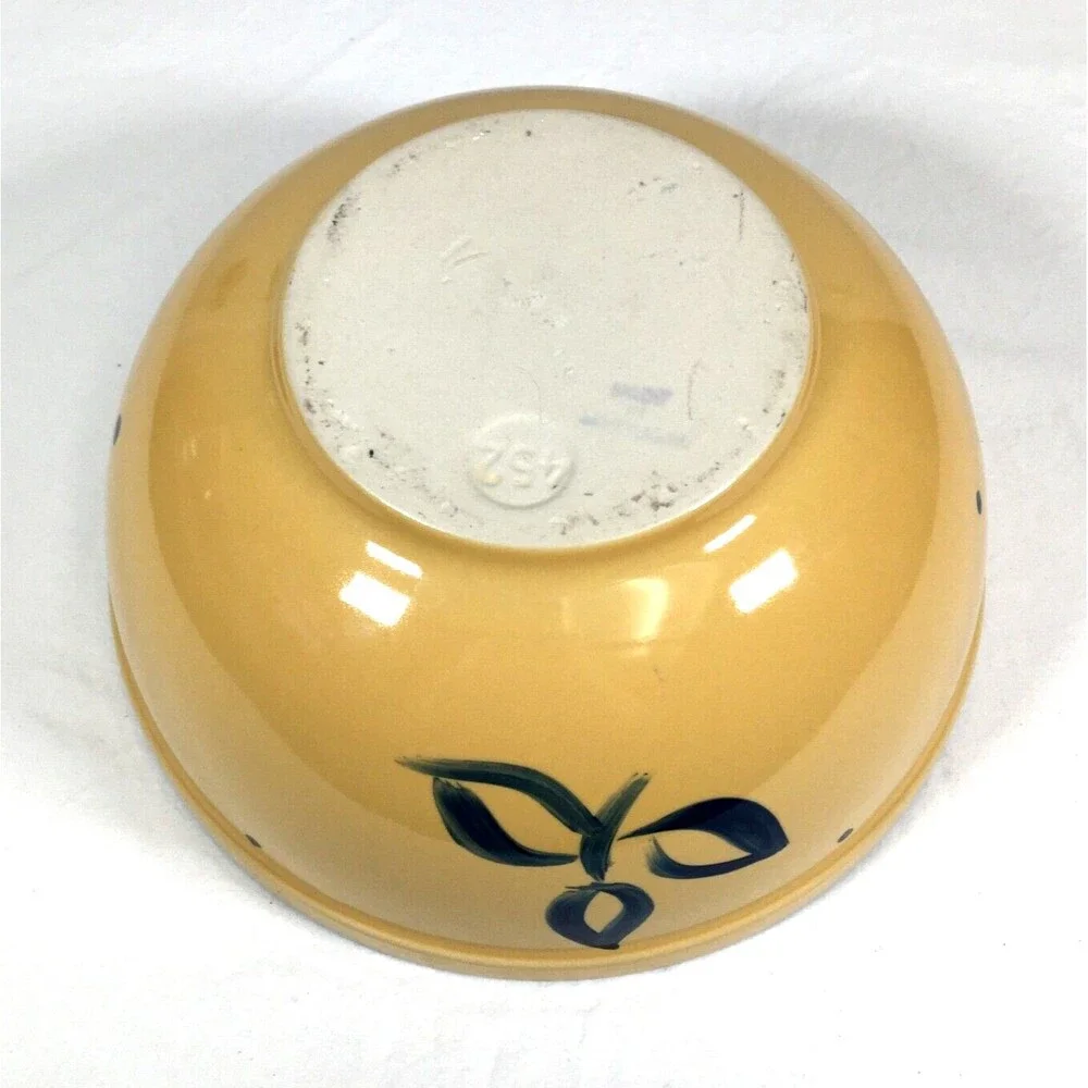 Vtg Yellow Ware Ceramic Blue Floral Leaf 8.5